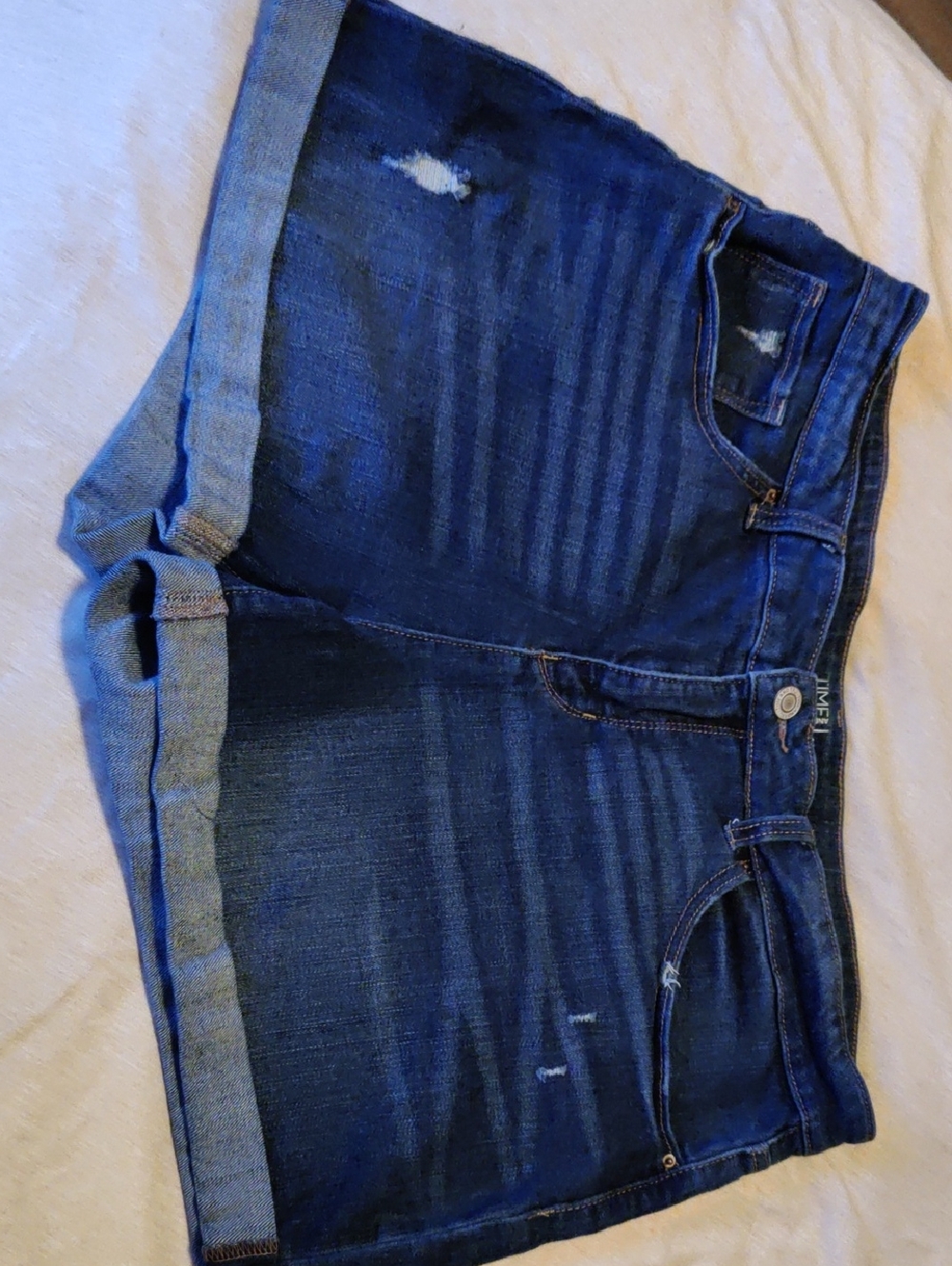 Time and Tru Dark Indigo Rolled-Hem Distressed Jean Shorts